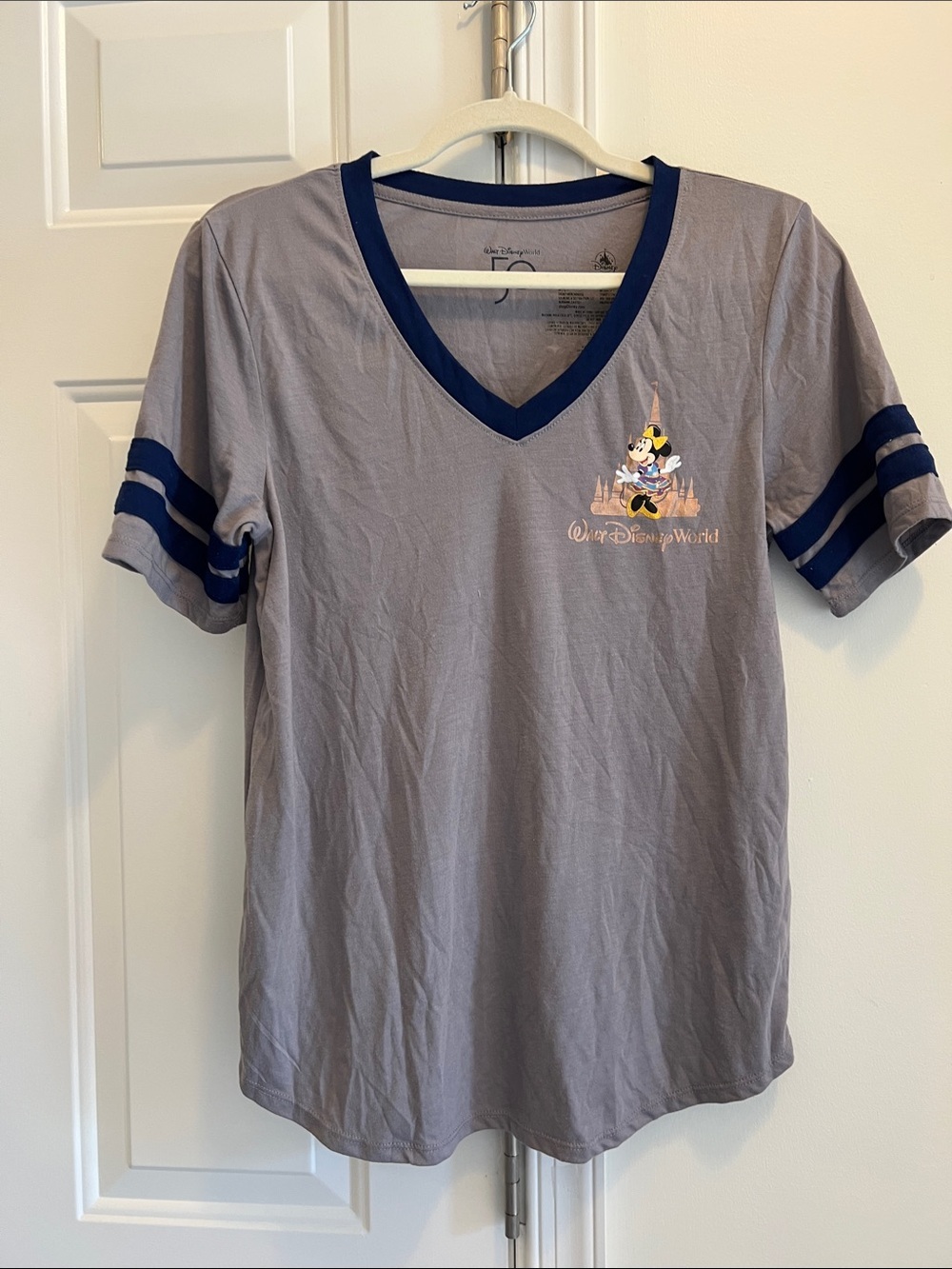 Walt Disney World Mickey Mouse Gray V-Neck Tee with Navy Trim 50 years size M